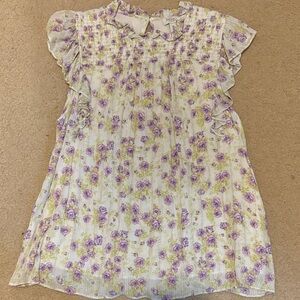 NWOT Rachel Zoe Metallic Floral Smocked Ruffle Women’s Top Lavender/Gray sz L
